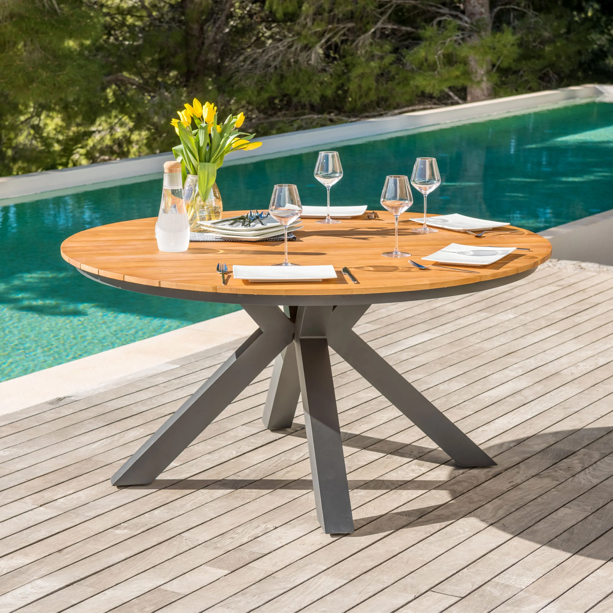 Table de jardin ronde Aluminium/Bois (D140 cm) Bali - Image 6